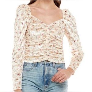 WAYF Heartbreaker Blouse Floral Ruched Velvet Top - Cream M